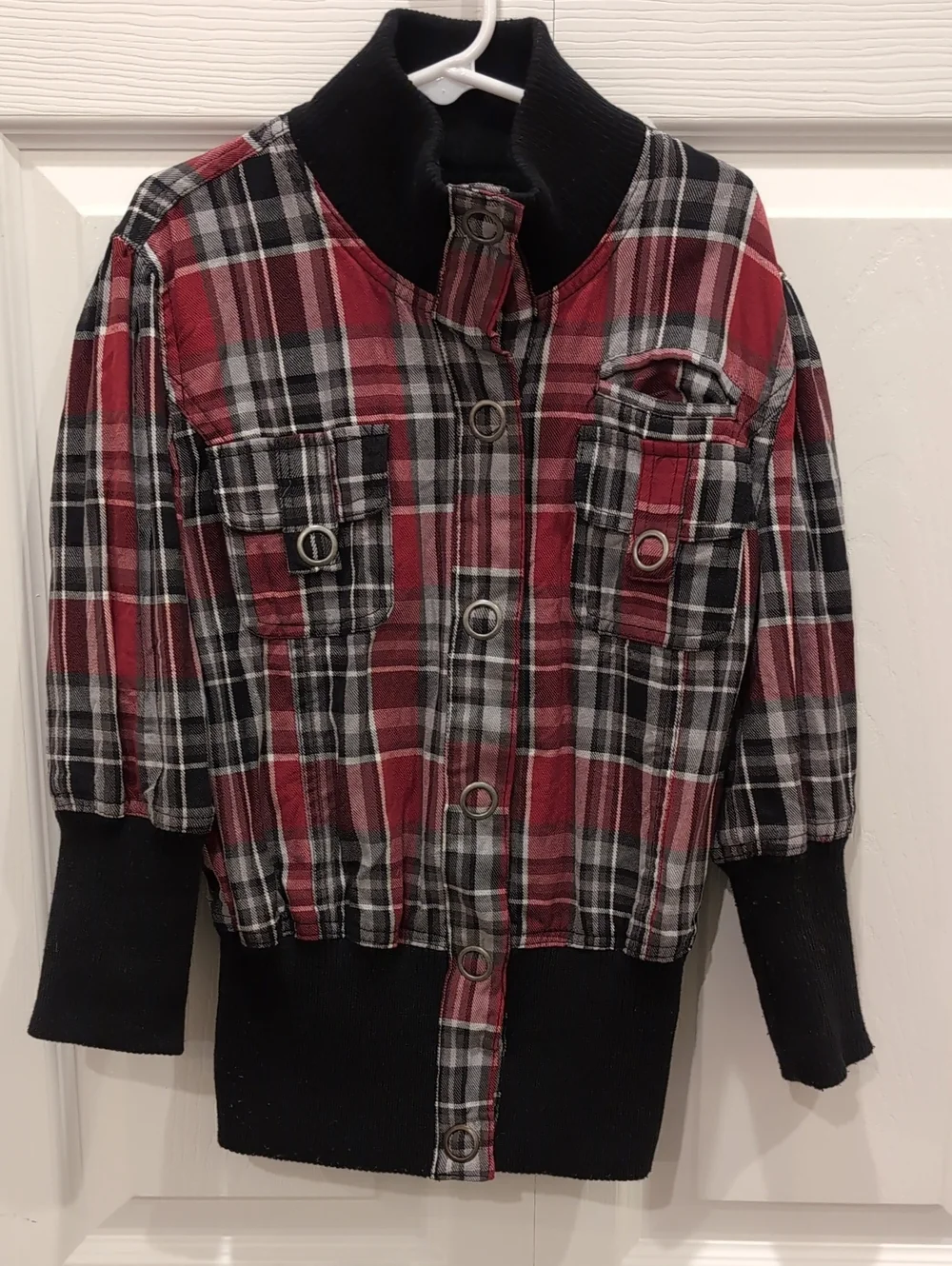 Miss Lili Red & Black Plaid Button-Front Puffer Jacket